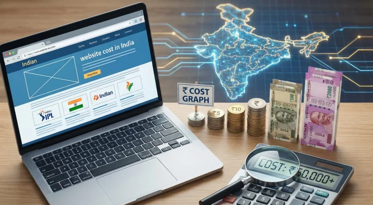 Cost of website development in India 2026 price guide concept showing laptop, Indian Rupees, and calculator.