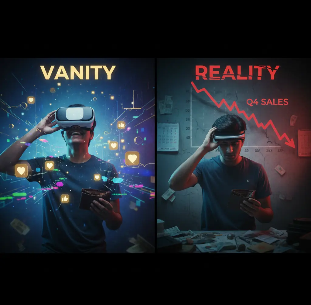 Vanity metrics likes versus real business profit ROI marketing concept art.